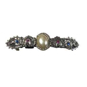 Vintage Hair Barrette Tension Clip Metal Pewter Color Rhinestone Faux Pearl